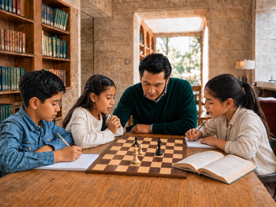 Niñas y niños y un educador observan una posición didáctica de rey y peón en un tablero de ajedrez