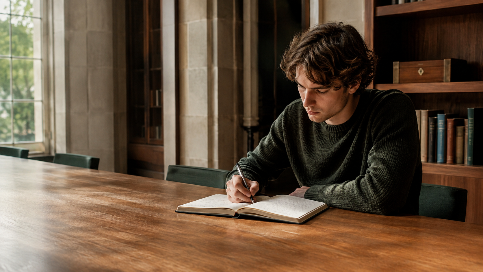 Una persona estudia en una biblioteca