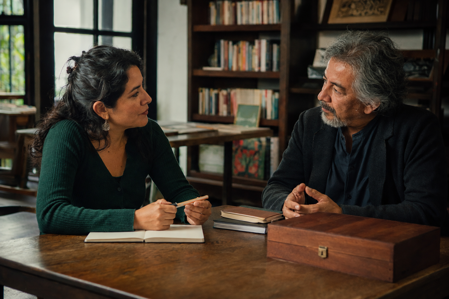 Dos personas conversan en una biblioteca de un centro cultural