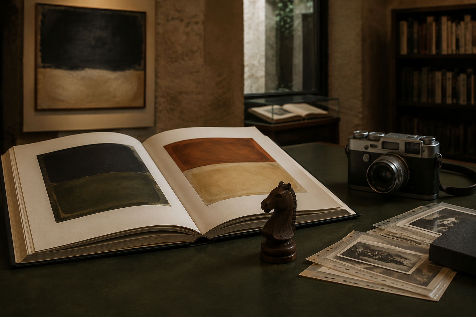 Un libro de arte, una cámara y un caballo de ajedrez sobre una mesa de consulta