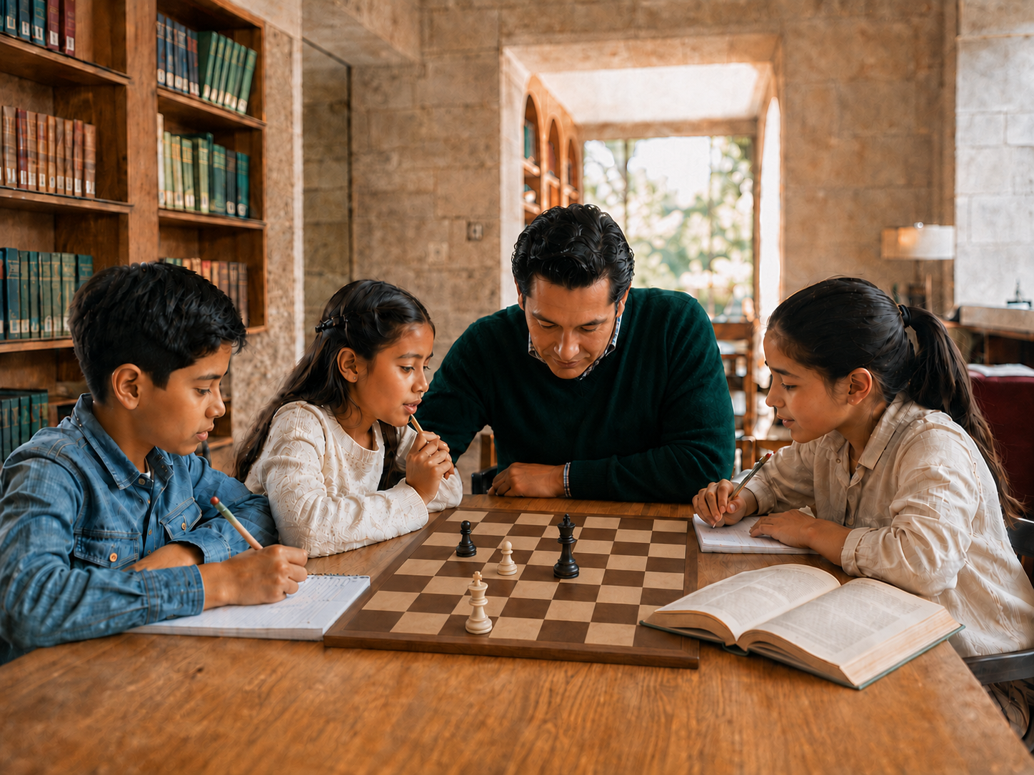 Niñas y niños y un educador observan una posición didáctica de rey y peón en un tablero de ajedrez